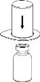 Diagramma che mostra un cilindro spinto verso il basso per essere inserito in un flacone di vetro con tappo a vite