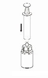 Technical drawing of a syringe with a plunger being pushed downward to draw liquid from a medication vial