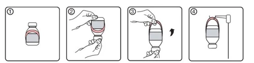 Sequenza di quattro illustrazioni che mostrano come impugnare e ruotare un flacone medico per staccare la parte superiore tramite un'azione a leva
