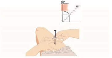 Diagramma che mostra l'inserimento di un ago a 90 o 45 gradi e mani che tengono un dispositivo medico per l'iniezione sopra una superficie cutanea