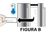 Diagramma con termometro ghiacciato e freccia nera che indica l'estrazione di una confezione da un frigorifero aperto con la scritta FIGURA B