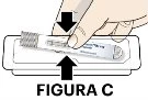 Una mano preme con l'indice un dispositivo medico bianco all'interno di un contenitore con frecce nere che indicano il movimento verso il basso