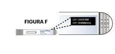 Diagramma che mostra un dettaglio ingrandito di un flacone medico con i codici del lotto e la data di scadenza riportati su un'etichetta nera