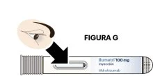 Diagramma medico con l'occhio di una persona e una freccia nera che punta verso una fiala di farmaco Ilumetri da 100 mg di ikinakizumab