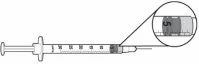 Disegno tecnico di una siringa con ingrandimento del cilindro che mostra la scala graduata e il pistone posizionato sul numero 5