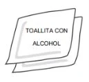 Disegno stilizzato di due salviette mediche sovrapposte con la scritta TOALLITA CON ALCOHOL in caratteri maiuscoli neri