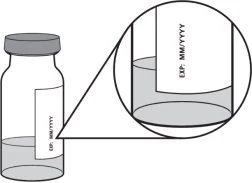 Disegno tecnico di un flaconcino di vetro con liquido e un ingrandimento che mostra l'etichetta con la dicitura EXP MM/YYYY