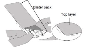 Diagramma tecnico che mostra un blister pack con una linea che indica lo strato superiore denominato top layer su una superficie curva