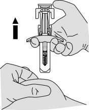 Una mano tiene un dispositivo medico verticale mentre l'altra mano lo sostiene alla base con una freccia nera rivolta verso l'alto