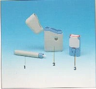 Medical device numbered on a light blue background with an injectable pen 1, an open container 2, and a closed device 3