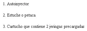 Text with numbered list: 1. Autoinjector, 2. Case or holder, 3. Cartridge containing 2 pre-filled syringes