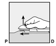 Disegno schematico di una mano che preme un dispositivo medico su una superficie con frecce che indicano il movimento verso l'alto e verso sinistra