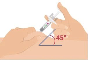 Two hands holding a pre-filled syringe to inject medication into the arm at a 45-degree angle indicated by a red and blue line