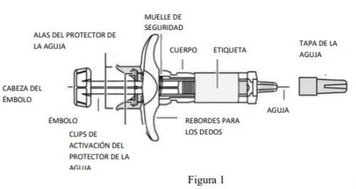 Technical diagram of a syringe with Spanish labels indicating the tip of the