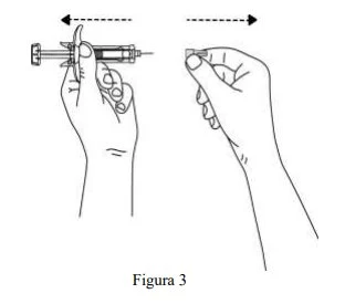 Technical drawing showing two hands moving a syringe horizontally back and forth, indicating a repeated motion with dashed arrows