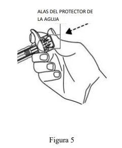 Technical drawing of a hand holding a syringe with an arrow pointing to the wings of the needle protector