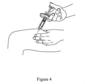 Line drawing of a hand holding a syringe to inject medication into a supported arm