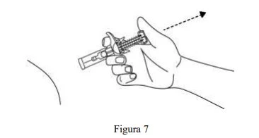 Black and white drawing of a hand holding a syringe with a dashed arrow indicating downward movement