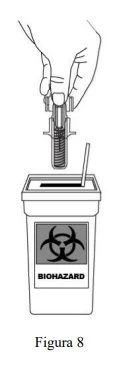 A hand holding a sharps container over a biohazard waste container with biohazard symbol and the word BIOHAZARD