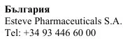 Black text on white background with the word Bulgaria, the name Esteve Pharmaceuticals S.A., and the telephone number +34 93 446 60 00