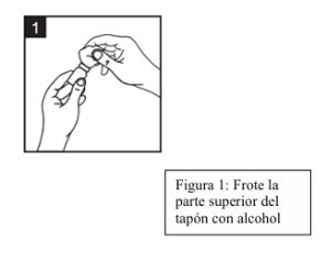 Two clean hands rubbing the top of a vial cap with a cotton swab soaked in alcohol