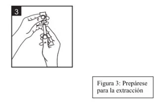 Black and white drawing showing two hands holding and preparing a syringe with a vial for the