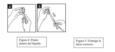 Two illustrations showing hands holding a syringe to insert the needle into the liquid and then withdraw the correct dose of medication