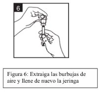 Technical drawing showing two hands manipulating a syringe and a valve to remove air bubbles