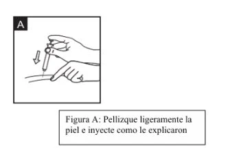 Black and white drawing showing a hand holding a syringe and a fingertip gently pinching the skin for the