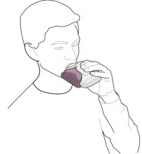 Disegno lineare di un uomo che beve il contenuto di un flacone o contenitore tenuto con la mano destra verso la bocca