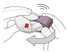 Due mani tengono un dispositivo medico bianco e viola ruotandolo avanti e indietro come indicato da una freccia grigia curva e linee di movimento