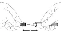 Two hands separating or bringing together an injection pen and a protective cap, indicated by a black double-headed arrow
