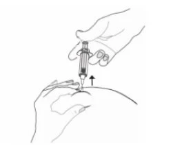 One hand holds a syringe to inject liquid into the arm of a person who is stretching the skin area with the other hand