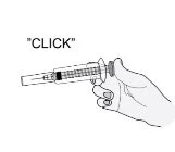 Black and white drawing of a hand holding a horizontal syringe with the word CLICK above, indicating the spring mechanism