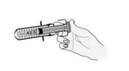 One hand horizontally gripping a pre-filled syringe with thumb and the