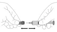 Two hands moving a syringe toward and away from a vial with black arrows indicating the motion of inserting the