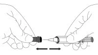 Two hands separating or joining a protective cap from an injection pen, with a black double-headed arrow between the two components