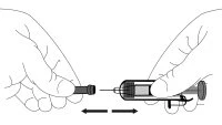 Two hands moving a protective cap toward and away from a syringe, with movement indicated by horizontal black arrows