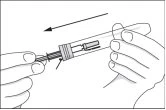 Two hands holding a syringe and a glass container, with an arrow indicating a leftward extraction movement