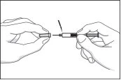 Two hands separating the components of a pre-filled syringe, one hand holding the syringe barrel and the