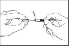Two hands gripping a syringe to screw on or insert a protective cap onto the tip