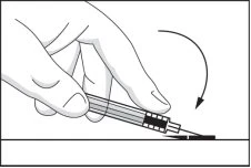 One hand holds an injection pen at an angle while a curved arrow indicates a downward rotating motion for the