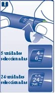 Mani che ruotano la ghiera di una penna iniettore con freccia bianca e due riquadri che mostrano il dosaggio di 5 e 24 unità selezionate