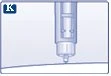 Illustrazione medica di un dispositivo di iniezione trasparente con punta metallica che tocca una superficie orizzontale su sfondo azzurro chiaro