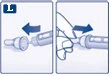 Due illustrazioni mostrano come ruotare e agganciare un dispositivo medico tramite frecce blu che indicano il movimento di rotazione verso sinistra e destra