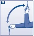 Diagramma che mostra il movimento rotatorio di un braccio che solleva e abbassa una mano che impugna una penna iniettiva con una freccia curva blu