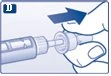 Una mano impugna un dispositivo medico e una freccia blu indica il movimento di inserimento o scorrimento verso destra