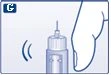 Illustrazione medica di un dispositivo medico con ago esposto accanto a una mano che si avvicina per impugnarlo su sfondo azzurro chiaro