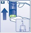 Illustrazione medica che mostra una mano che spinge verso l'alto un dispositivo blu con punta verde e un dettaglio dell'ago in basso