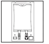 Disegno tecnico di una sacca per infusione con due tubicini di uscita contrassegnati dalle lettere A e B e due connettori a valvola in basso